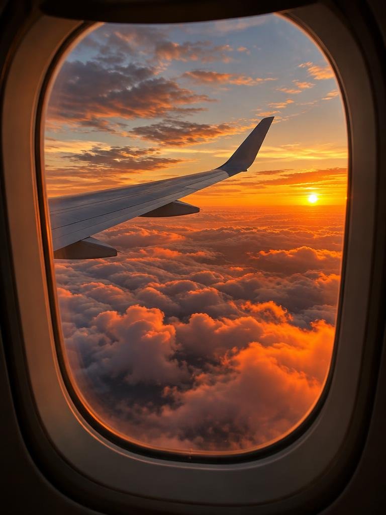 Vista desde la ventanilla de un avión al atardecer